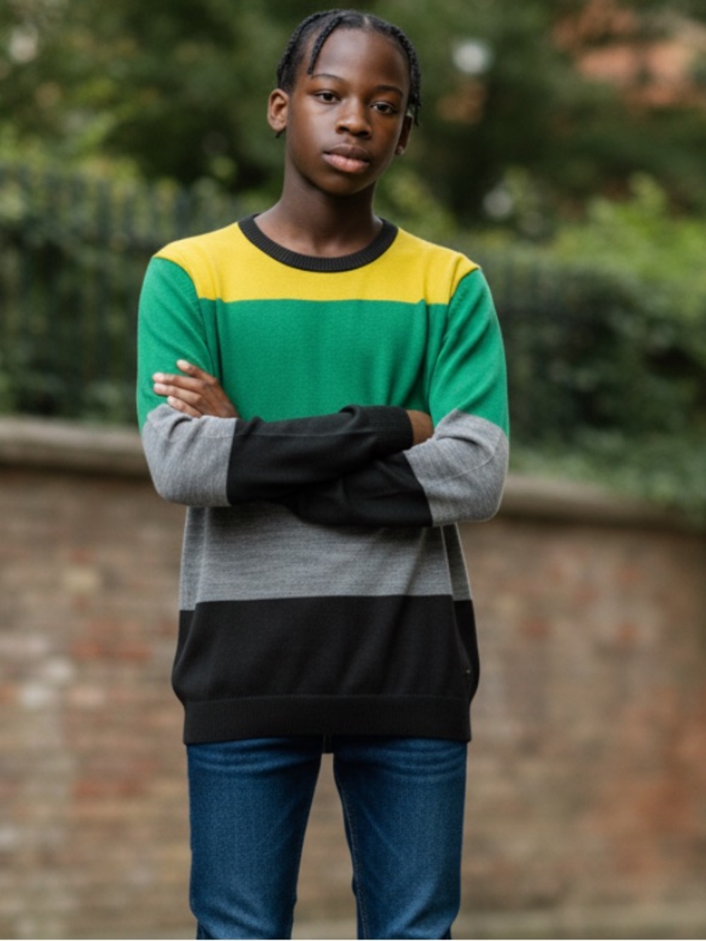 Allen Solly Boys Striped Crewneck Sweater - Green, Yellow, Gray, Black
